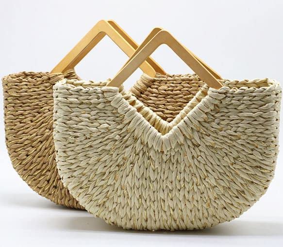 Womens Top Handle Straw Beach Tote Bags Shoulder Bag Beach Bag Large Size Purses Big Woven Rhombus Handle Bag