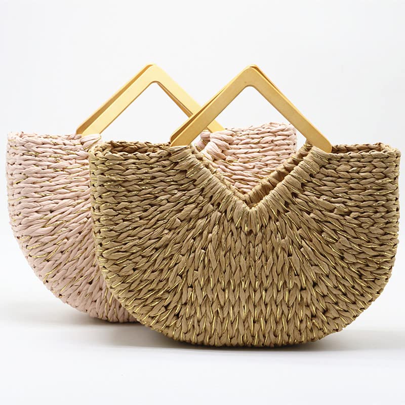 Womens Top Handle Straw Beach Tote Bags Shoulder Bag Beach Bag Large Size Purses Big Woven Rhombus Handle Bag