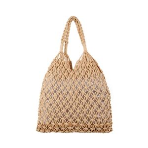 oweisong women straw travel beach bag handmade woven fishing net handbag tote summer weave rattan mesh shoulder purse