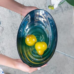 A&B Home Glass Fruit Bowl - Blue Green Decorative Bowl, Large Glass Bowl Tabletop Home Décor, Coffee Table Centerpiece Assecories, 13" x 9" x 3"