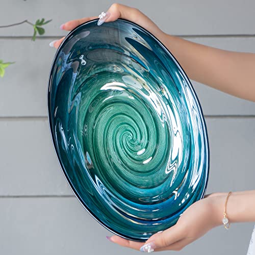 A&B Home Glass Fruit Bowl - Blue Green Decorative Bowl, Large Glass Bowl Tabletop Home Décor, Coffee Table Centerpiece Assecories, 13" x 9" x 3"