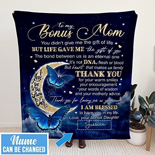 Toyshea Personalized Mom Blanket to My Bonus Mom Custom Throws Soft Bed Fleece Sherpa Butterfly Blankets for Moms Mama Mommy Mother's Day Christmas Birthday Presents Idea from Son Daughter