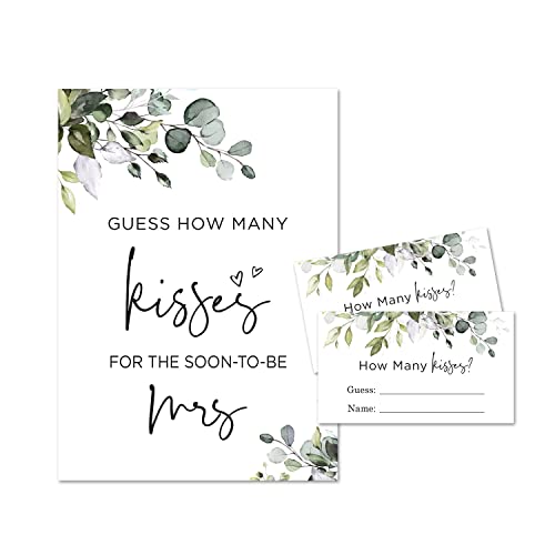 InvitationHouse Boho Greenery How Many Kisses for the Mrs, Bridal Shower Game (48 Cards + 1 Sign)