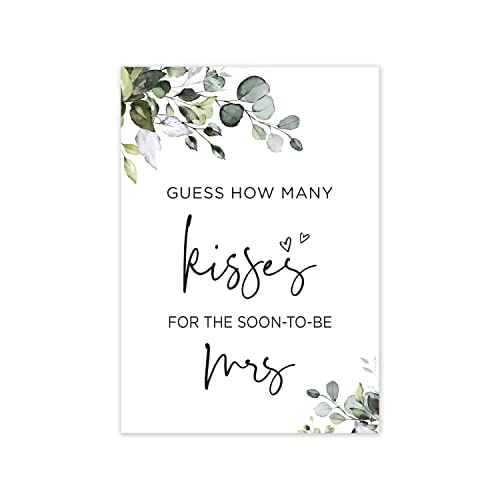 InvitationHouse Boho Greenery How Many Kisses for the Mrs, Bridal Shower Game (48 Cards + 1 Sign)