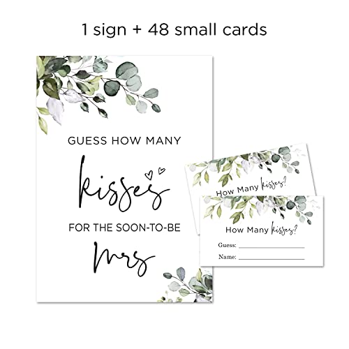 InvitationHouse Boho Greenery How Many Kisses for the Mrs, Bridal Shower Game (48 Cards + 1 Sign)