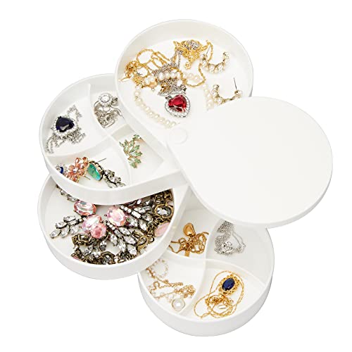 Small Jewelry Organizer, Ring Earrings Necklace Bracelet Bangle Watch Jewelry Storage Box for Women, 4-Layer Rotating Travel Jewelry Tray Case with Lid (White)