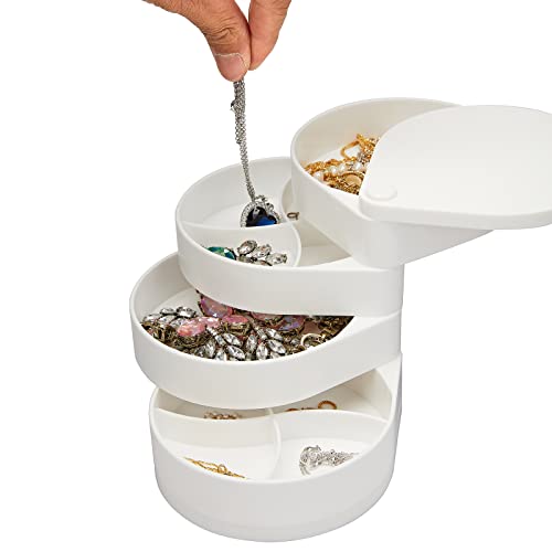 Small Jewelry Organizer, Ring Earrings Necklace Bracelet Bangle Watch Jewelry Storage Box for Women, 4-Layer Rotating Travel Jewelry Tray Case with Lid (White)