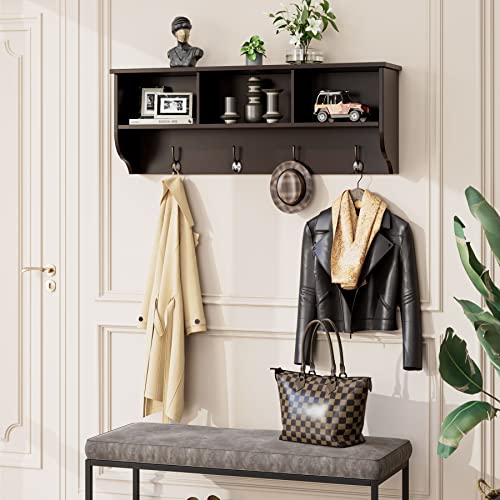 SHUANGZ Wall-Mounted Coat Rack Storage Shelf with 4 Dual Hooks, 38.6 Wooden Entryway Hanging Shelf Floating Shelves with 3 Storage 3G-4G 3G-4G