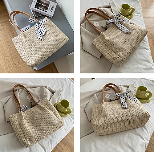 Summer Beach Tote Bag for Women Straw Beach Tote Bow Handbag Hobo Purse for Travel Vocation