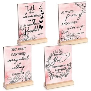 4 pieces inspirational quotes desk decor christian home decors pink motivational bible wood block plaque table signs decorative table sign centerpiece for women desk office decor gift for girls