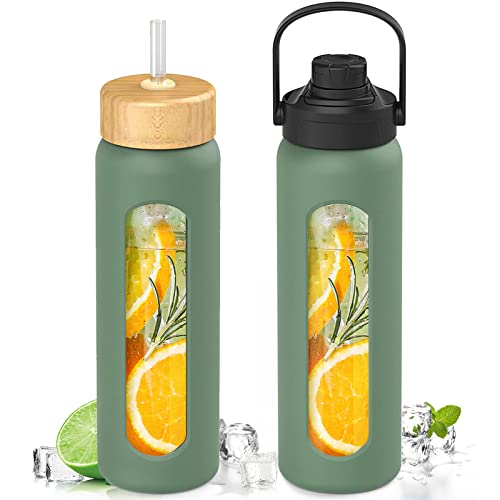 Kodrine Glass Water Bottles with Straw, 24oz Water Bottle with 2 Lids - Handle Spout Lid & Bamboo Straw Lid, Motivational Water Bottle with Silicone Sleeve, Wide Mouth, Leakproof, BPA Free(Olive)