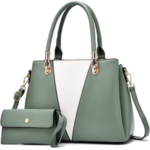 womens handbags purse top handle bags contrast color stitching leather satchel purse set 2pcs totes shoulder bag for ladies green