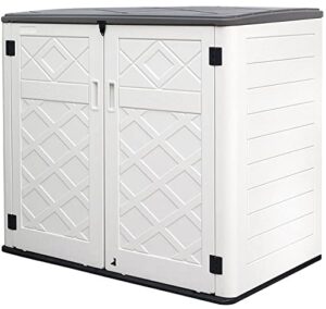mrosaa resin outdoor storage shed,38 cu.ft. outdoor storage box waterproof for garden tools,patio furniture,trash cans and pool toys, customized shelves &lockable(off white)