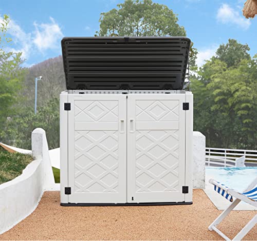 Mrosaa Resin Outdoor Storage Shed,38 cu.ft. Outdoor Storage Box Waterproof for Garden Tools,Patio Furniture,Trash Cans and Pool Toys, Customized Shelves &Lockable(Off White)
