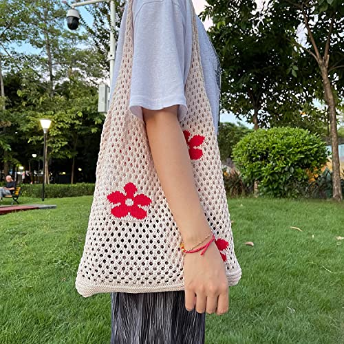 Emprier Women Retro Summer Hobo Bag Trendy Flower Knitted Shoulder Bags Mesh Hollow Tote Bag Casual Beach Purse