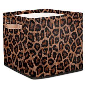leopard print cube storage bins 13 x 13 x 13 inch, animal print fabric organizer bins basket boxes with pu leather handles foldable storage cube for clothes bedroom closet shelves