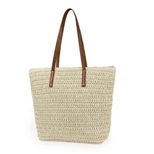 womens large straw beach tote bag handmade woven shoulder bag handbag purse for summer (beige)