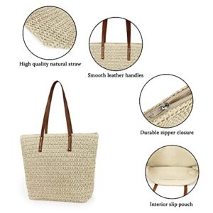 Womens Large Straw Beach Tote Bag Handmade Woven Shoulder Bag Handbag Purse for Summer (Beige)