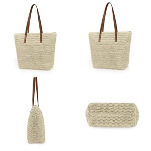 Womens Large Straw Beach Tote Bag Handmade Woven Shoulder Bag Handbag Purse for Summer (Beige)