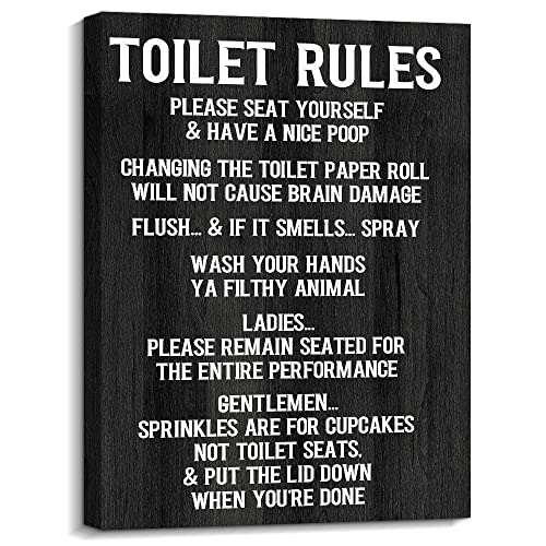 Kas Home Vintage Toilet Rules Canvas Wall Art - Black and White Saying Bathroom Decor Toilet Picture Printing Wall Decoration Ready to Hang (12 x 15 inch, Black-Toilet)