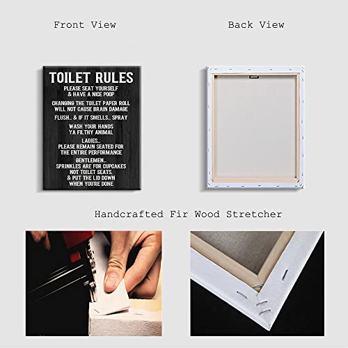 Kas Home Vintage Toilet Rules Canvas Wall Art - Black and White Saying Bathroom Decor Toilet Picture Printing Wall Decoration Ready to Hang (12 x 15 inch, Black-Toilet)