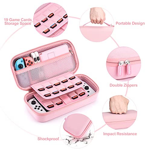 innoAura Switch OLED Accessories Bundle 18 in 1 Switch Bundle with Switch Case, Switch Game Case, Switch OLED Screen Protector, Switch Stand, Switch Thumb Grips (Pink)