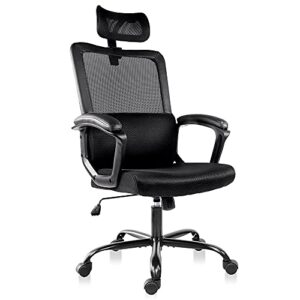 office chair, ergonomic mesh desk chair, high back swivel task executive computer chair padding comfy armrests with adjustable headrest lumbar support