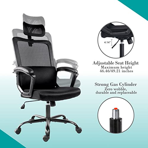 Office Chair, Ergonomic Mesh Desk Chair, High Back Swivel Task Executive Computer Chair Padding Comfy Armrests with Adjustable Headrest Lumbar Support