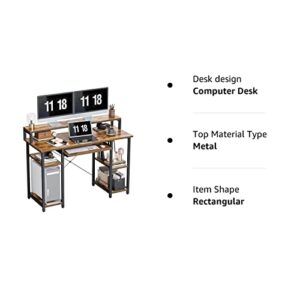 CubiCubi 47 Inch Computer Desk with Storage Shelves Monitor Stand Keyboard Tray, Home Office Desk, Study Writing Table, Brown