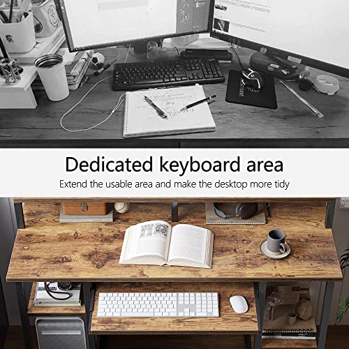 CubiCubi 47 Inch Computer Desk with Storage Shelves Monitor Stand Keyboard Tray, Home Office Desk, Study Writing Table, Brown