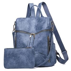 meobvg backpack purse for women, shoulder handbag sets with zipper strap satchel for daily travel(blue)