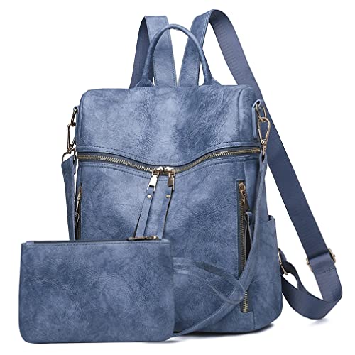 Meobvg Backpack Purse for Women, Shoulder Handbag Sets with Zipper Strap Satchel for Daily Travel(Blue)