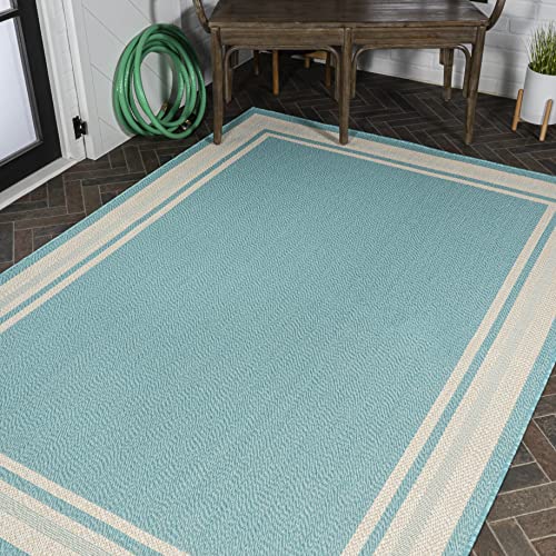 JONATHAN Y SMB201B-5 James Modern Border Stripe Indoor Outdoor Farmhouse Transitional Area Rug,High Traffic,Kitchen,Living Room,Backyard,Non Shedding,5 X 8,Aqua/Beige