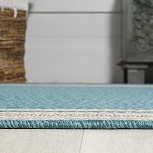 JONATHAN Y SMB201B-5 James Modern Border Stripe Indoor Outdoor Farmhouse Transitional Area Rug,High Traffic,Kitchen,Living Room,Backyard,Non Shedding,5 X 8,Aqua/Beige