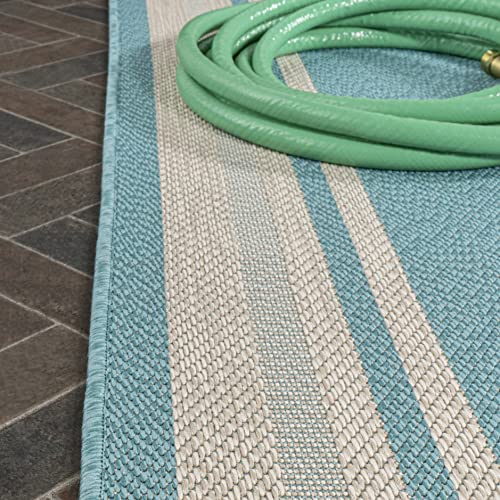 JONATHAN Y SMB201B-5 James Modern Border Stripe Indoor Outdoor Farmhouse Transitional Area Rug,High Traffic,Kitchen,Living Room,Backyard,Non Shedding,5 X 8,Aqua/Beige