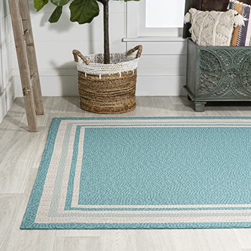 JONATHAN Y SMB201B-5 James Modern Border Stripe Indoor Outdoor Farmhouse Transitional Area Rug,High Traffic,Kitchen,Living Room,Backyard,Non Shedding,5 X 8,Aqua/Beige