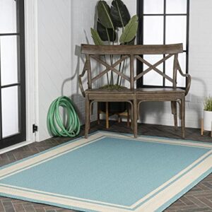 JONATHAN Y SMB201B-5 James Modern Border Stripe Indoor Outdoor Farmhouse Transitional Area Rug,High Traffic,Kitchen,Living Room,Backyard,Non Shedding,5 X 8,Aqua/Beige