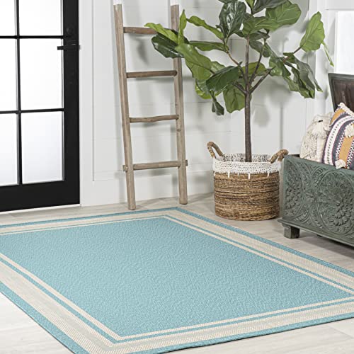 JONATHAN Y SMB201B-5 James Modern Border Stripe Indoor Outdoor Farmhouse Transitional Area Rug,High Traffic,Kitchen,Living Room,Backyard,Non Shedding,5 X 8,Aqua/Beige