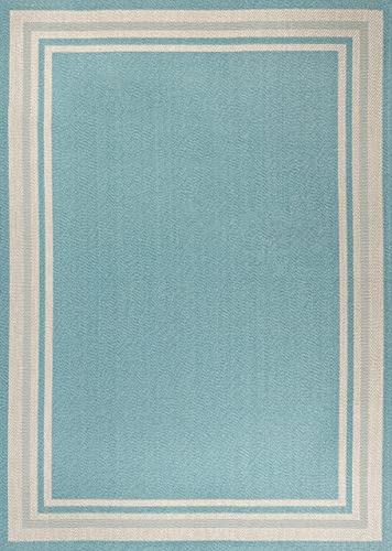 JONATHAN Y SMB201B-5 James Modern Border Stripe Indoor Outdoor Farmhouse Transitional Area Rug,High Traffic,Kitchen,Living Room,Backyard,Non Shedding,5 X 8,Aqua/Beige