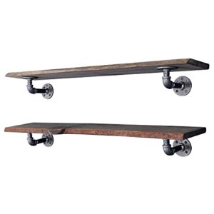 pipe decor 36” boulder black live edge wood shelf with industrial l-shaped pipe brackets (2-pack)