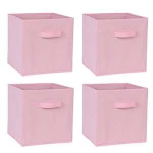 pink fabric storage cubes | pack of 4 organization baskets with handles for home and office | foldable storage basket set for girls, 10.6 x 11.2-inch