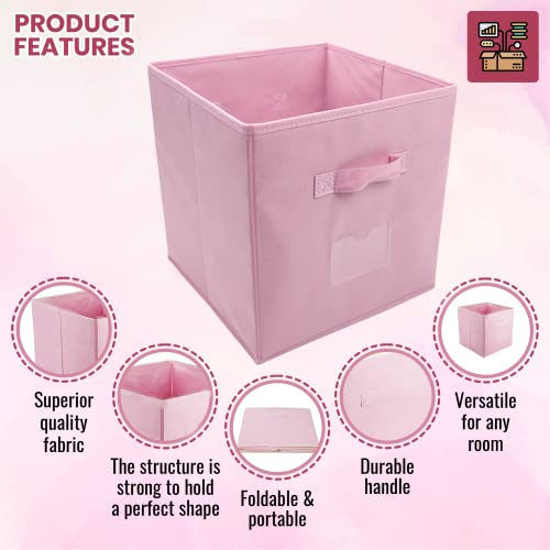 Pink Fabric Storage Cubes | Pack of 4 Organization Baskets with Handles for Home and Office | Foldable Storage Basket Set for Girls, 10.6 x 11.2-Inch