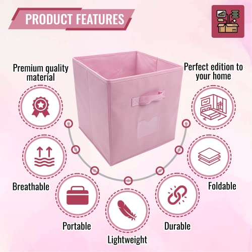 Pink Fabric Storage Cubes | Pack of 4 Organization Baskets with Handles for Home and Office | Foldable Storage Basket Set for Girls, 10.6 x 11.2-Inch