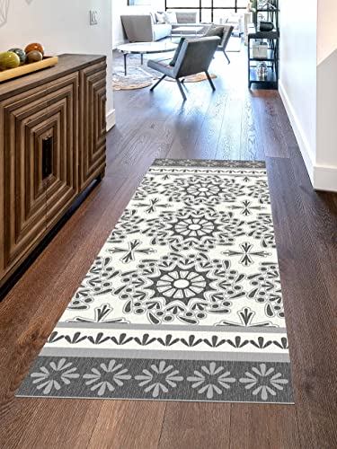 Studio M Floor Flair Lisbon - Black and Grey - 2.5 x 7 Ft Decorative Vinyl Rug - Non-Slip, Waterproof Floor Mat - Easy to Clean,, Ultra Low Profile - Printed in The USA