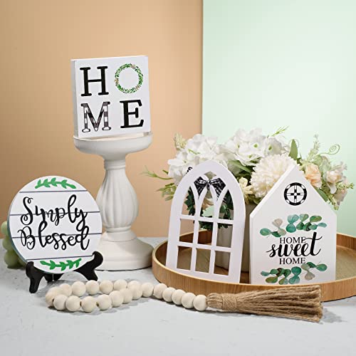 6 Pcs Wooden Farmhouse Tiered Tray Decor Home Sweet Simply Blessed Tray Decor Wooden Beads Garland (Tiered Tray and Artificial Plant Not Included)