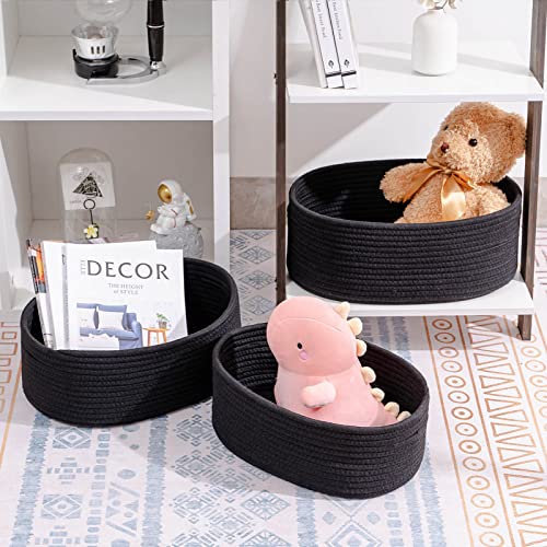 voten Black Toy Storage Basket Bins Set,Shelves Closet Cloth Storage Basket for Organizing&Storage,Small Woven Basket for Storage,Oval Set 3Packs