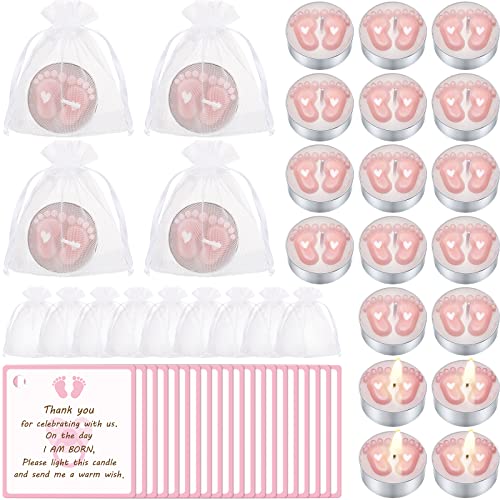 Treela 20 Sets Baby Shower Party Favors Tea Lights Candles for Guests Cute Baby Feet Shaped Burning Tea Light Candles Thank You Tags Return Gifts for Baby Shower Party Favors(Pink)