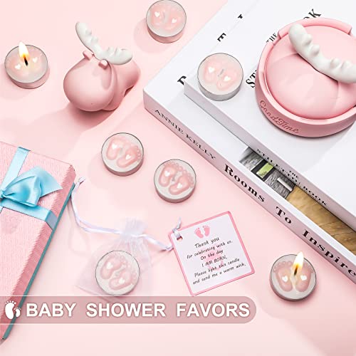 Treela 20 Sets Baby Shower Party Favors Tea Lights Candles for Guests Cute Baby Feet Shaped Burning Tea Light Candles Thank You Tags Return Gifts for Baby Shower Party Favors(Pink)