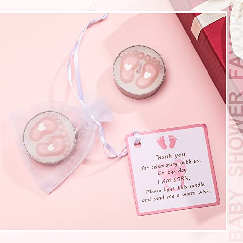 Treela 20 Sets Baby Shower Party Favors Tea Lights Candles for Guests Cute Baby Feet Shaped Burning Tea Light Candles Thank You Tags Return Gifts for Baby Shower Party Favors(Pink)
