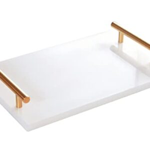 Moreast Genuine Marble Tray Bathroom Tray with Golden Handle, Natural Stone Decorative Tray with Metal Handle for Bathroom Kitchen Vanity Dresser Nightstand Desk, 11.8" x 7.9" White